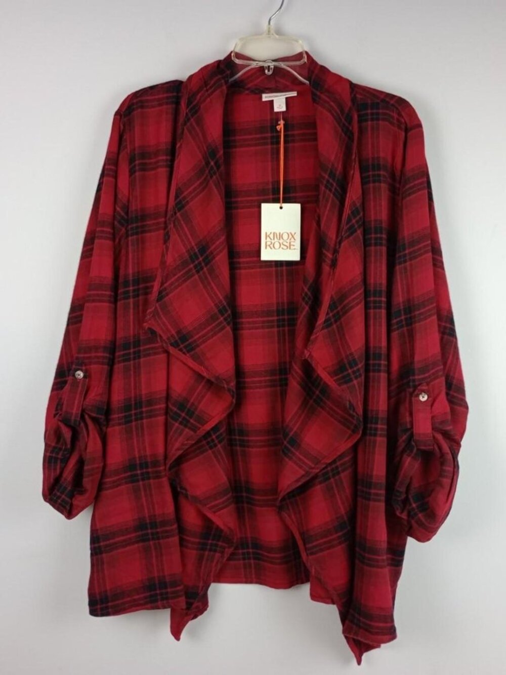 NWT Knox Rose Womens 3XL Red Black Plaid Roll Tab Sleeves Flannel Cardigan Cover
